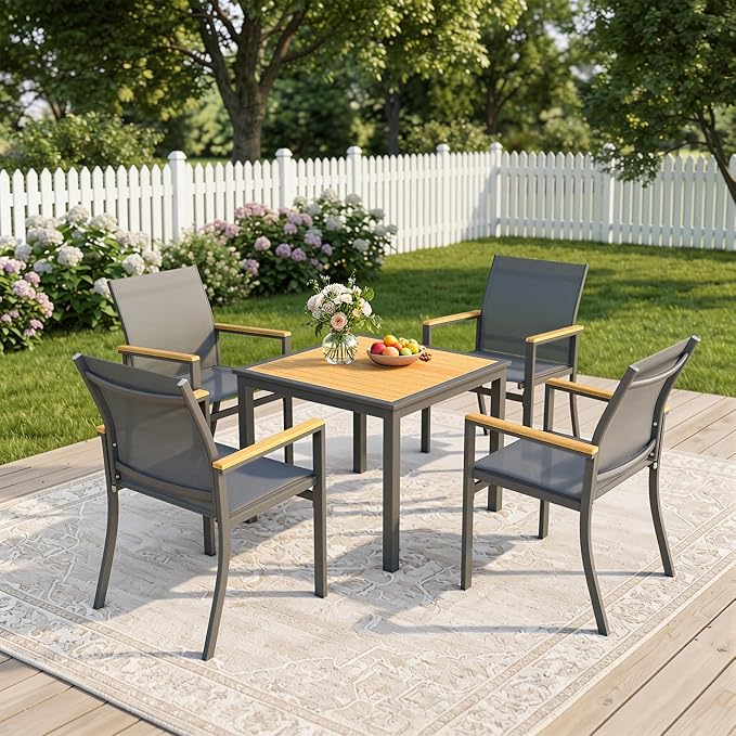 5-Pieces Aluminum Patio Table and Chairs for All-Weather, Patio Table Set with Heavy Duty HDPS Square Table, Outdoor Patio Dining Furniture Set with Breathable Quick-Drying Textilene Chairs