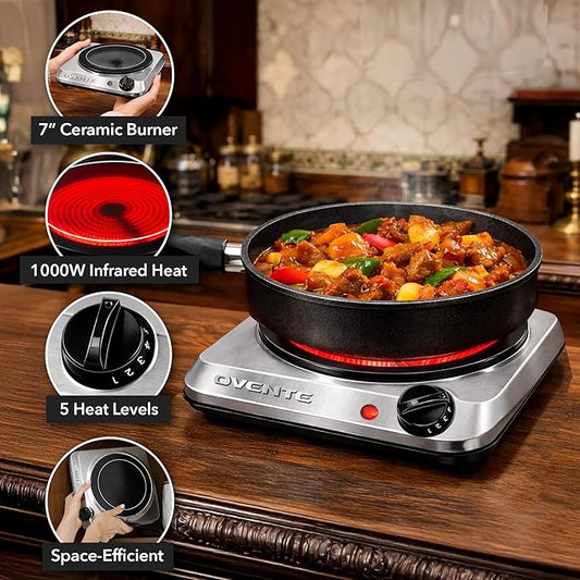 OVENTE Countertop Infrared Single Burner, 1000W Electric Hot Plate with 7โ Ceramic Glass Cooktop, 5 Level Temperature Setting & Easy to Clean Base, Compact Stove for Home Dorm Office, Silver BGI101S