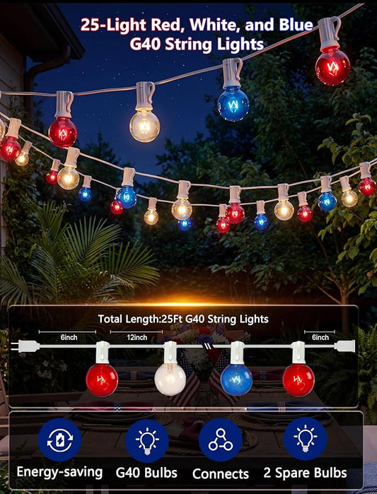 25Ft G40 Red White and Blue String Lights, 4th of July Decorations Lights Plug in with 27 5W Globe Light Bulbs, Waterproof Outdoor Patriotic Lights for Memorial Day Independence Day Home Patio Decor
