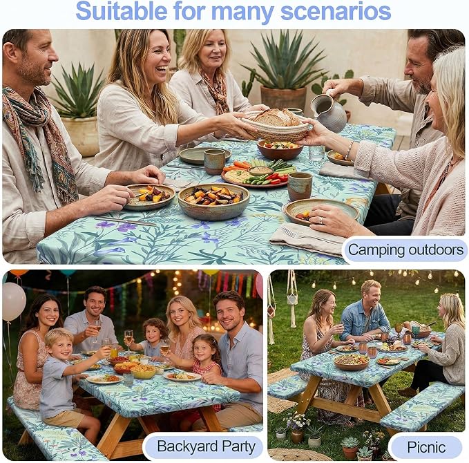 Picnic Table Cover with Bench Covers Camping Essentials Waterproof Windproof Camping Tablecloth with Drawstring Bag, Fitted Rectangle Tables and Seats, 72in, Gray Blue