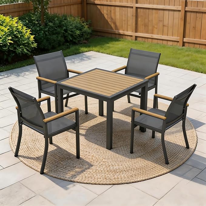 Aluminum Outdoor Table for All-Weather, 35.4" Patio Tables with Heavy Duty HDPS Square Tabletop, Outside Table with Quick-Drying Slatted Design for Porch, Patio, Garden, Deck, Poolside, Backyard