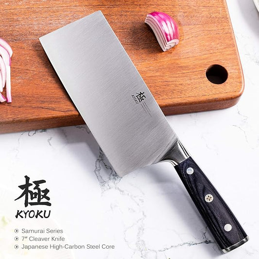 KYOKU Samurai Series - 7" Cleaver Knife - Full Tang - Japanese Style High Carbon Steel Kitchen Knives - Pakkawood Handle with Mosaic Pin - with Sheath & Case