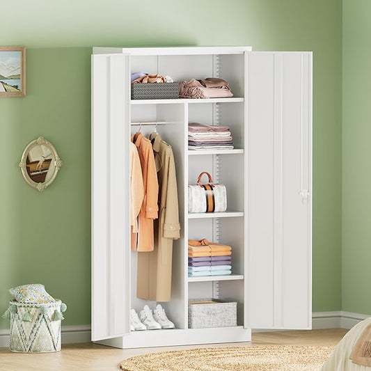 INTERGREAT Metal Wardrobe Closet, 72" Locking Storage Wardrobe Cabinet with Doors and Shelves, 18" D x 36" W Steel Clothes Storage Cabinets for Office, Home, School, Gym๏ผWhite๏ผ