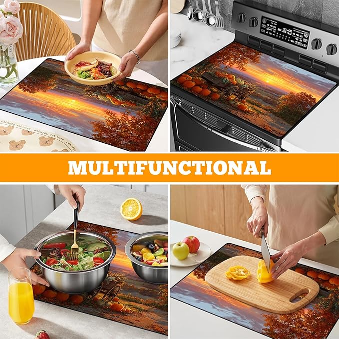 Multi-Design Stove Cover for Glass/Electric Stoves - 3-in-1 Heat-Resistant Protector Mat, Non-Slip Drying Rack 28"x20"