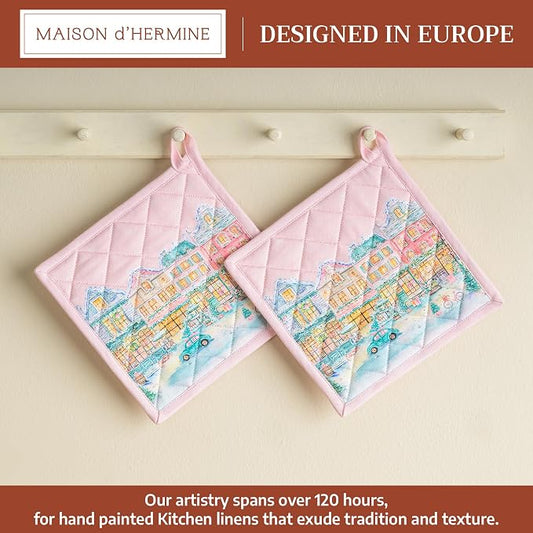 Maison d' Hermine Pot Holders 100% Cotton Potholders (8" x 8", Pack of 2) | Heat Resistant Hot Pads with Loop BBQ Cooking Kitchen Handling Hot Pans Thanksgiving Christmas - Christmas Market - Pink