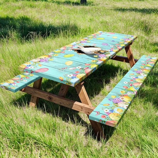Easter Picnic Table Cover with Bench Covers, Cute Bunny Flower Blue Wooden Board Camping Tablecloth, Waterproof Windproof, Fitted Tablecloth Cover with Elastic Edge, for Outdoor, 3 PCS, 30x72 Inch