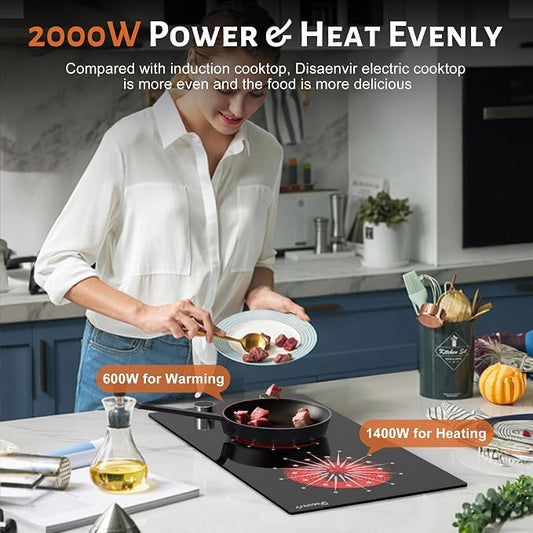 2 Burner Electric Cooktop 110V Portable Plug in 2000W | 12 Inch Two Burner Electric Stove Built-in & Countertop, Knob Control, Over Heat Protection, 9 Power Level, 120V Portable