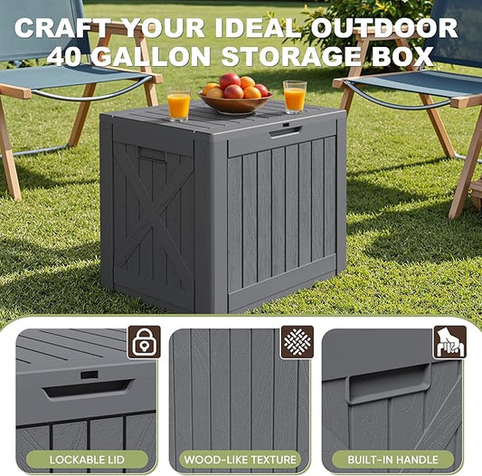Greesum 40 Gallon Outdoor Deck Box, Resin Storage for Patio Furniture, Garden Tools, Pool Supplies, Weatherproof and UV Resistant, Lockable, Gray