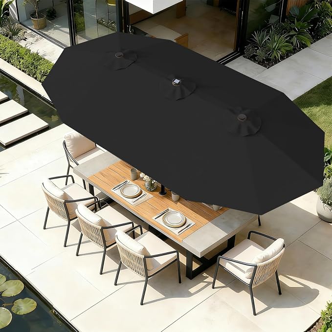 AreShark 15FT Patio Umbrella with Solar Lights, Double Sided Outdoor Table Umbrellas with Crank, Large Rectangular Market Umbrella for Porch, Lawn, Pool, Backyard, Dark Black