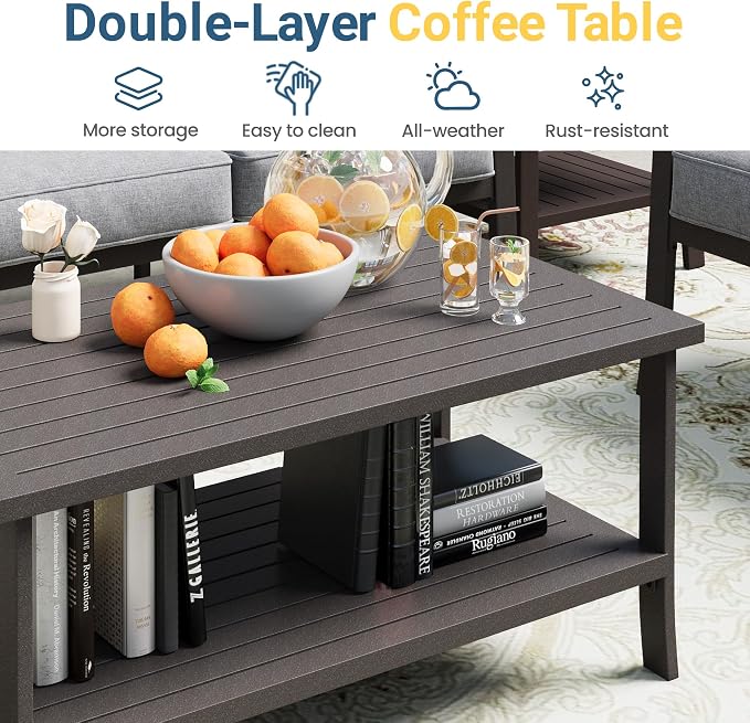 RoyalCraft Outdoor Patio Furniture Set, 7 Seats Outdoor Patio Set with 4" Thick Cushion, All-Weather Metal Patio Sofa with Coffee Table, Outdoor Sectional Furniture for Backyard Porch, Khaki&Grey