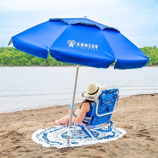 AMMSUN 6ft Folded Portable Travel Beach Umbrella with Sand Anchor Tilt Air vent UPF 50+UV Protection Fit In Suitcase Compact Foldable Telescopic umbrellas for Patio Garden Beach Pool Blue