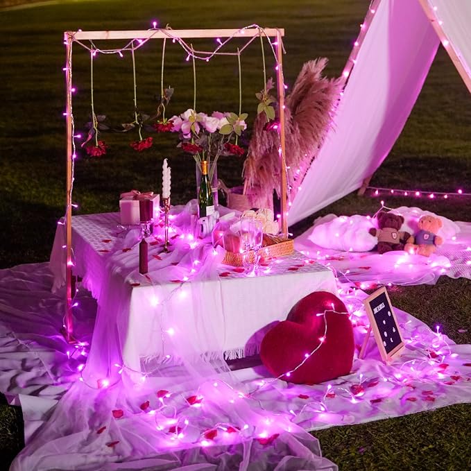 JMEXSUSS 33ft 100 LED Pink Valentine Lights Indoor Outdoor, Pink Battery Operated Lights with 8 Modes Remote, Christmas String Light for Valentine's Day Bedroom Party Tree Decor (Pack of 2)