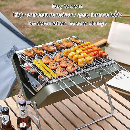 Folding Portable Lightweight Charcoal BBQ Grill with Handle Desk Tabletop Small Outdoor Barbecue Grill Stainless Steel for Outdoor Cooking Backyard Camping Picnics Beach