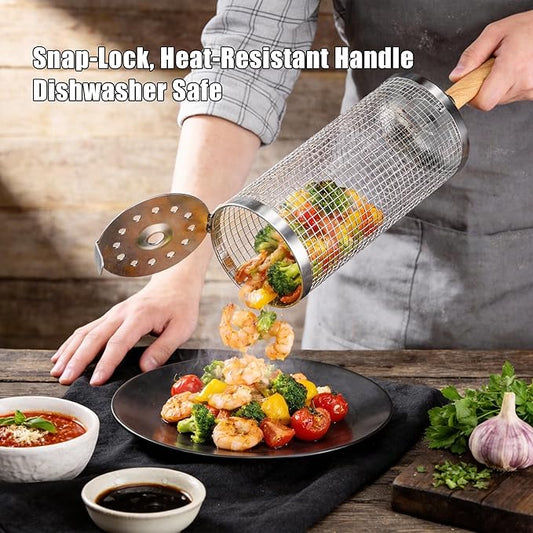 Rolling Grill Basket with Removable Wooden Handle, 2 Pack 304 Stainless Steel BBQ Grilling Net for Vegetables Shrimp Fish, Portable Camping Grill Accessories, Best Gifts for Dad Men