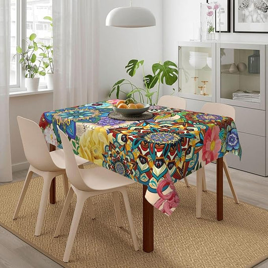 Rectangle 54"x72" Boho Floral Table Cloth, Colorful Flowers Tablecloth Oil-Proof Waterproof Kitchen Dining Room Decorative Table Cover for Party Birthday Outdoor Indoor