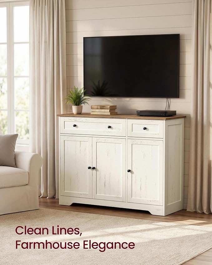 VASAGLE Siren Collection - Buffet Cabinet, Traditional Basic Coffee Bar Cabinet with 2 Drawers, Adjustable Shelves, 3 Doors, Sideboard, 42.1 x 15.8 x 31.8 Inches, Cloud White ULSC531WJ01S