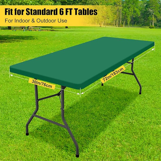 Smiry 2 Pack Rectangle Tablecloth, Elastic Fitted Flannel Backed Vinyl Tablecloths for 6ft Folding Tables, Waterproof Wipeable Table Covers for Outdoor, Picnic and Camping (Emerald Green, 30"x72")