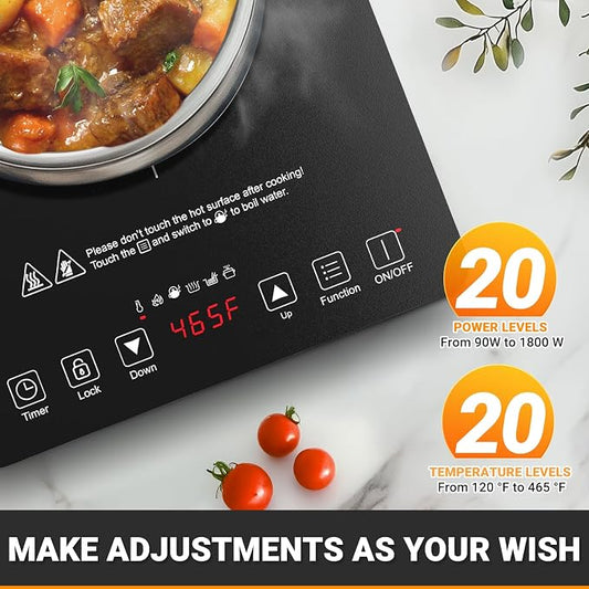 AMZCHEF Portable Induction Cooktop, 20 Temperature & Power Levels, 1800W Induction Stove Burner with 6.8" Heating Coil, Low Noise Hot Plate, Single Electric Cooktops, 120°F to 465°F, 4 Hour Timer
