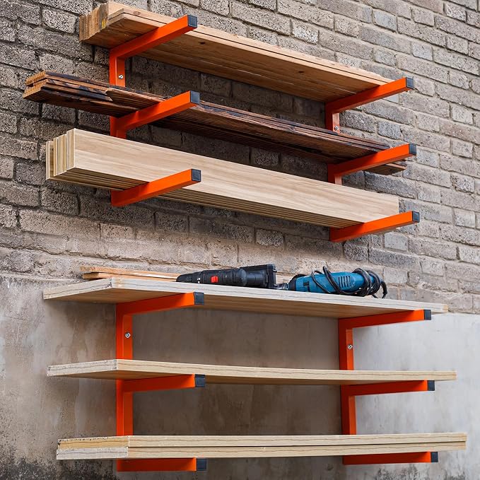 MOOMSINE Lumber Storage Rack Wall Mounted, 6-Level Holds Up 1200 Lbs Heavy Duty Wood Organizer, Metal Shelf for Shed, Workshop, Garage - 4pack, Orange