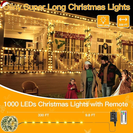 Ollny Christmas Lights 1000 LED 330 FT, IP67 Waterproof Plug in Christmas Tree Lights with Remote, 8 Modes, 3 Timers, Dimmable, House Xmas Indoor Decorations String Light (Warm White) (Pack of 2)
