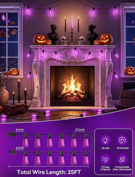 25FT Halloween Purple ST38 LED Outdoor String Lights with 25 Orange Edison Bulbs, Connectable Waterproof Hanging Patio Lights for Halloween, Thanksgiving, Backyard, Porch, Party Decor