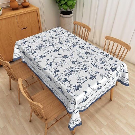 Blue Floral Rectangular Tablecloth Blue and White French Country Tablecloths Rustic Flowers Stain Proof Table Cover for Farmhouse Decor Indoor Outdoor Table Picnic Dinner Decor 52x70 Inch