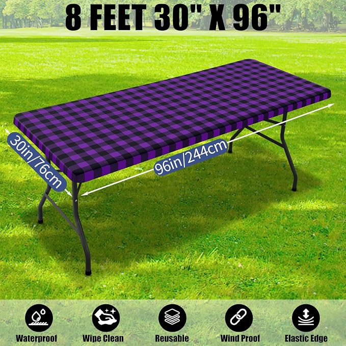 Smiry Picnic Table Cloth 2 Pack, Waterproof Elastic Fitted Tablecloths for 8FT Rectangle Tables, Washable Polyester Buffalo Plaid Tablecloth for Camping & Outdoor (Black & Purple, 30" x 96")