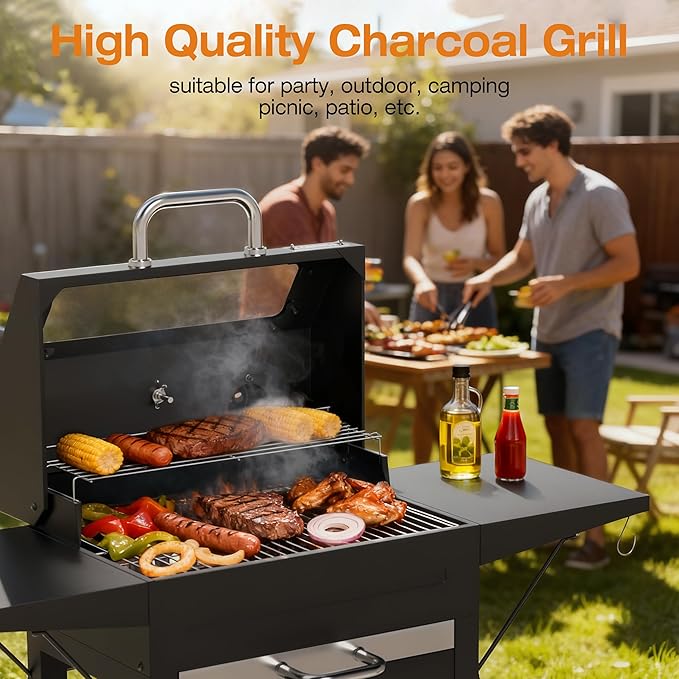 Charcoal Grills with Side Tables and Bottle Opener, Barbecue BBQ Grill with Glass Cover for Outdoor Picnic Backyard Patio and Parties, 20inch Black