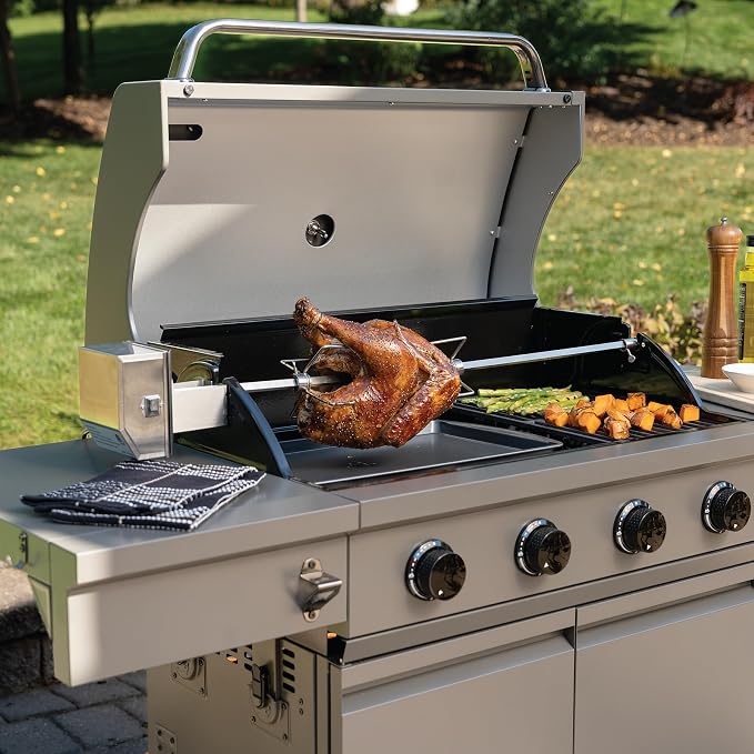 TYTUS Motorized Rotisserie Kit with Stainless Steel Rod for 4-Burner Gas Grills, 120V Electric Motor with Adjustable Forks