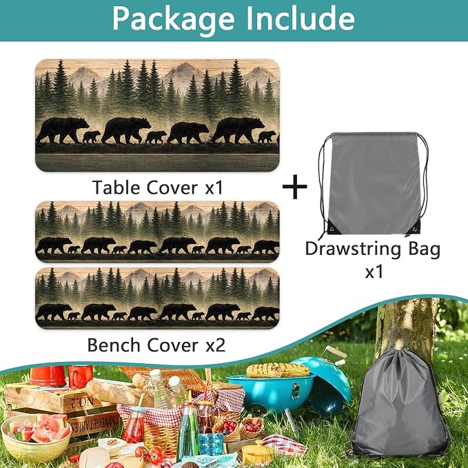 Picnic Table Cover with Bench Covers and Bag, Forest Mountain Bear Wooden Waterproof Windproof, Fitted Tablecloth Cover with Elastic Edge, for Indoor & Outdoor, Garden, Camping, 3 PCS 30x72 Inch
