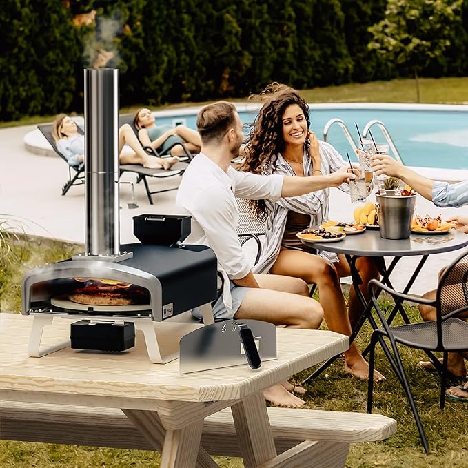 Wood Pellet Pizza Oven with Rotatable Stone, Portable Pellet Pizza Oven with Chimney and Door, Outdoor Pizza Stove for Backyard, Camping, Picnicking, RV, Tailgating, PS106