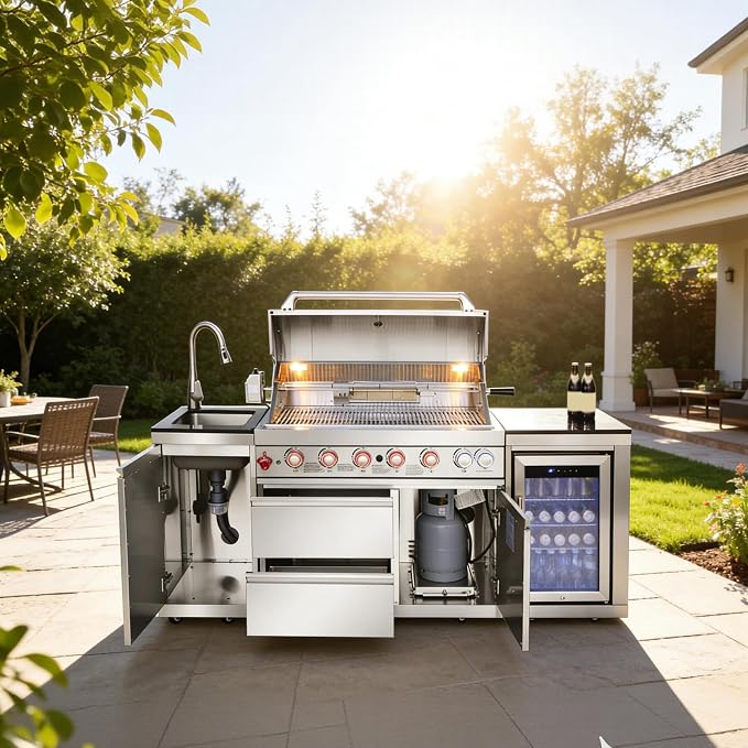 82.5'' Outdoor Kitchen Island, All-In-One 6 Burner Modular Outdoor Kitchen for Backyards, 83500 BTU BBQ Grill with 304 Stainless Steel, Silver Outdoor Kitchens with Sink, Refrigerator