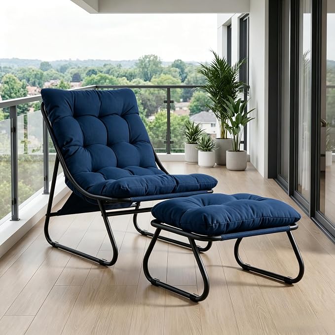 Rocking Chair with Ottoman, Modern Metal Frame Outdoor Rocker, Comfy Patio Lounge Chair with Footrest, Reading Glider Chairs for Living Room, Bedroom, Balcony, Garden, Relax, Navy Blue