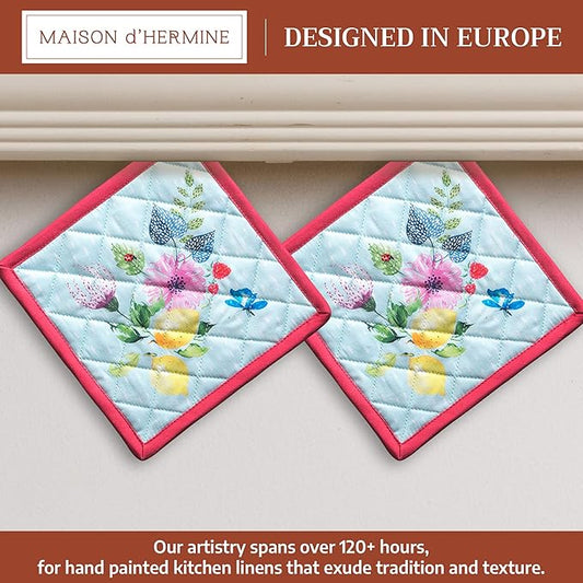 Maison d' Hermine Pot Holders 100% Cotton Heat Resistant Potholders 8" x 8" Hot Pads with Loop BBQ Cooking Hotel Farmhouse Kitchen Handling Hot Pans Spring Summer (Pack of 2, Jardin D'Ete - Mint)