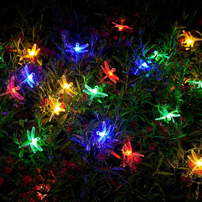 JMEXSUSS Solar String Lights Outdoor, 25.6FT 30 LED, Dragonfly | Outdoor Waterproof, 8 Modes, Multicolor Solar Christmas Lights for Garden Patio Yard Tree Party Christmas Decorations