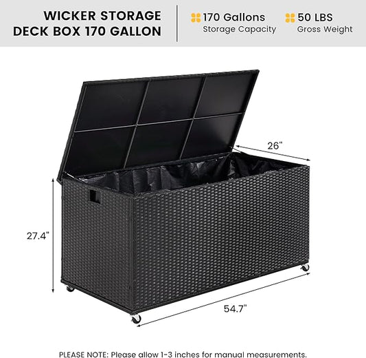 Outdoor 170 Gallon Water-Resistant Wicker Storage Box with Wheels, PE Rattan Deck Box with Waterproof Liner for Outside, Patio Storage Container with Hinged Lid, Horizontal Bin, Black