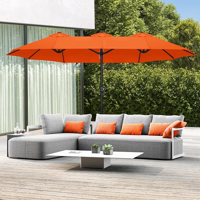 ABCCANOPY 15FT Double-Sided Rectangle Patio Umbrella with Base, Orange | Rectangular Outdoor Table Umbrella with Crank, Heavy Duty Market Umbrella Shade for Garden,Poolside, Lawn, Backyard