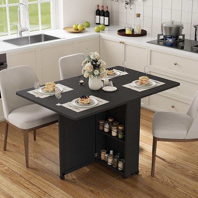 Garvee Folding Dining Table with Storage, Folding Kitchen Table with 6 Wheels, Drawer & Shelves, Compact Dining Table for Small Spaces