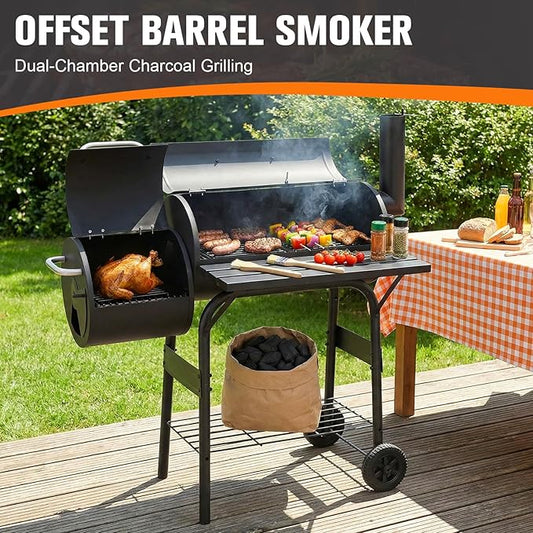 Offset Smoker Charcoal Grill 192 Sq. In. Cooking Space Heavy-Duty BBQ Grill All Metal Steel Warming Rack Wheels Barbecue Cooker for Patio Picnics Camping Backyard Cooking
