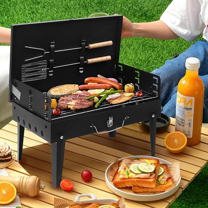 Outdoor Small BBQ Grill for 3 to 5 People,Portable Charcoal Grill,with Barbecue Accessories, Folding Camping Grill for Outdoor Cooking Travel Picnic Patio Beach Hiking Park, Height Adjustable