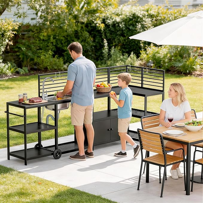LEVELEVE Modular Outdoor Kitchen Island 5-Piece Set, Aluminum Outdoor Prep Station Grill Cart with Independent Sink, Storage Cabinets & Shelves for Backyard Patio Deck
