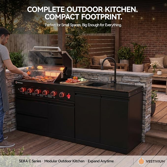 SERA C 4-Burner Natural Gas Outdoor Kitchen with Dual Sink Black | Black 304 stainless steel, 75,300 BTU + side burner, dual-door sink with pull-out faucet, locking casters, patio backyard