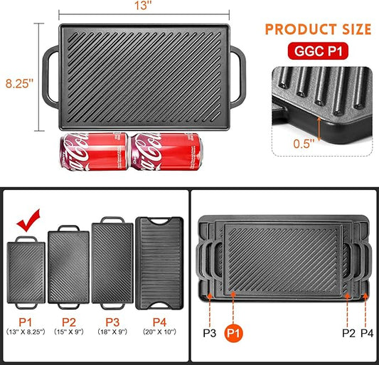 GGC Cast Iron Reversible Grill Griddle,Double Sided Grill Pan Perfect for Gas Grills and Stove Tops, 13 x 8.25 Rectangular Baking Flat and Ribbed Griddle Plate