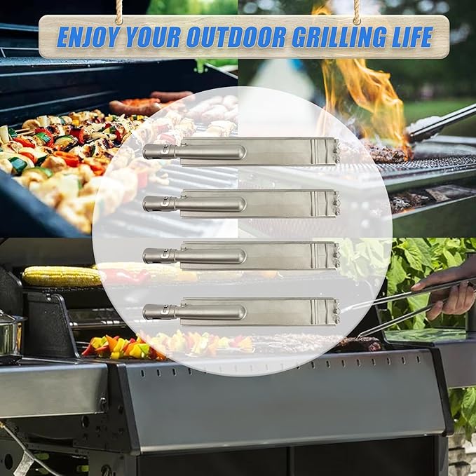 4-Set Heavy Duty Cast 304 Stainless Steel 16" Grill Burners for Bull,Premium Outdoor BBQ Gas Grill Replacements Parts for 16516 23301 44305 Bull Aussie Blaze CharBroil NEXGRILL Thermos Turbo.
