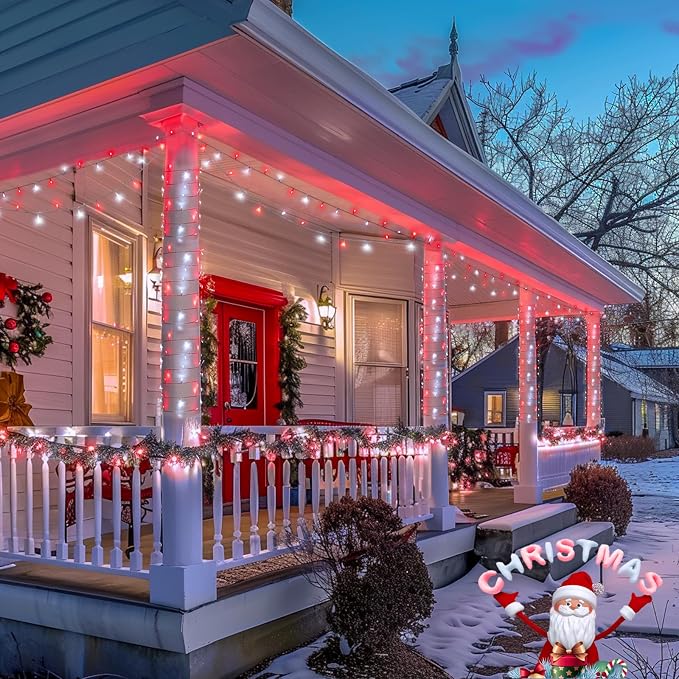 JMEXSUSS 2 Pack Red and White Battery Christmas Lights | Each 33ft 100 LED Battery Powered String Lights with Remote for Tree Patio Yard House Party Birthday Outside