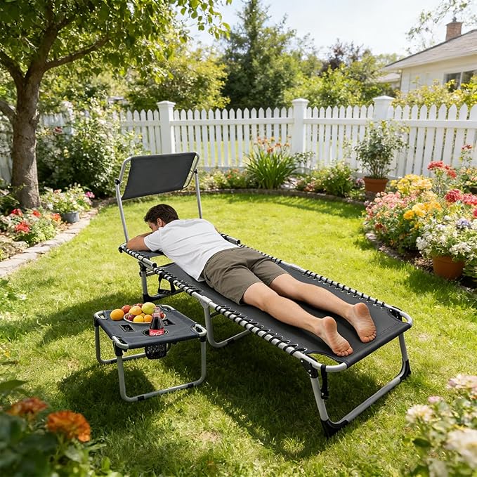 Outdoor Tanning Chair with Sun Canopy Shade & Face Hole, Folding Lounge Chair with Beach Table and Carry Bag for Poolside Sunbathing Lawn
