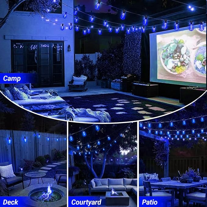 LAMPHOME 4-Pack 26Ft ST38 Outdoor String Lights, Blue LED Shatterproof Patio Lights with 12+1 Edison Bulbs, Perfect for Hanukkah, Bistro, Christmas & Party Decorations