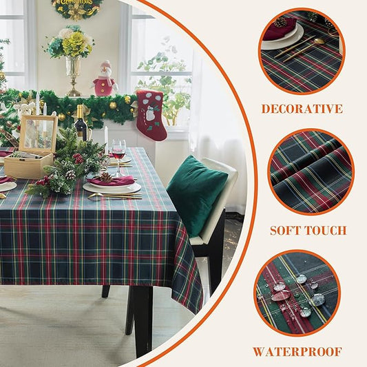 Christmas Blue Plaid Waterproof Tablecloth – Classic Woven Check Design – Holiday Dining Table Cover for Xmas Parties, Stain-Resistant & Durable, W60 x L84 in