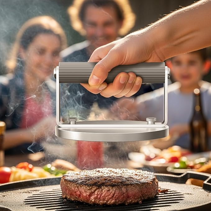 The Artisan Sear Press by QAP | Heavy Duty 1.95kg Stainless Steel Grill Press for Smashed Burgers, Steak, Fish & Salmon | Professional Meat & Seafood Weight |163mm Round BBQ Hot Plate Accessory BP1-01