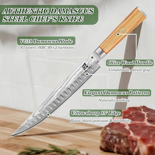 9 Inch Damascus Carving Knife - Brisket Knife 67 Layer VG-10 Steel Core with Olive Wood Handle, 62 HRC Precision Sharp Professional Kitchen Knife for Meat Slicing and BBQ, Gift Box Included